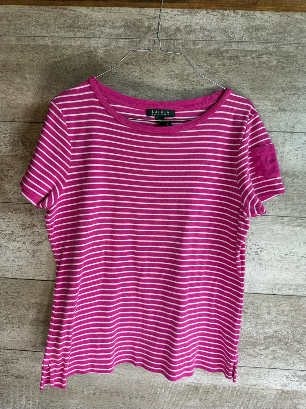 Lauren Ralph Lauren Pink White Striped Pocket Tee XL